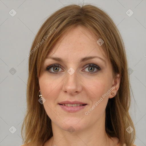 Joyful white young-adult female with medium  brown hair and green eyes