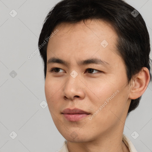 Neutral asian young-adult male with short  brown hair and brown eyes