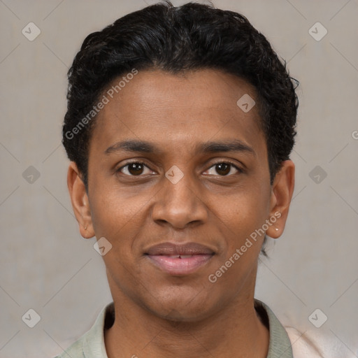 Joyful black young-adult male with short  brown hair and brown eyes