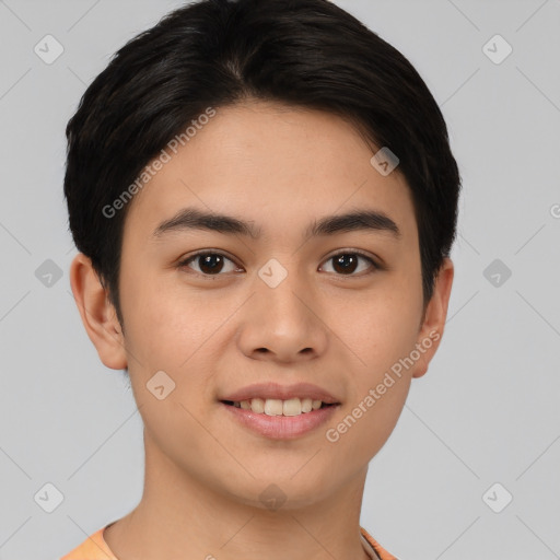 Joyful asian young-adult female with short  brown hair and brown eyes