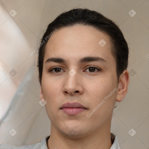 Neutral white young-adult male with short  brown hair and brown eyes