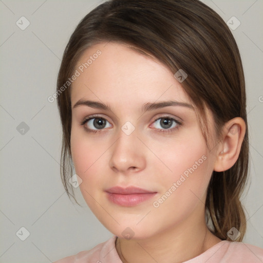 Neutral white young-adult female with medium  brown hair and brown eyes