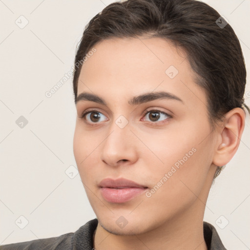 Neutral white young-adult female with short  brown hair and brown eyes