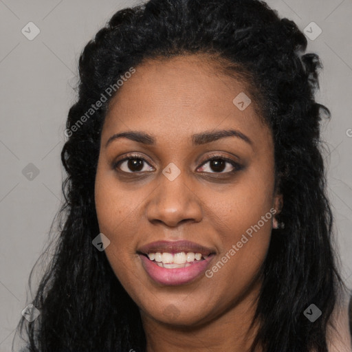 Joyful latino young-adult female with long  black hair and brown eyes