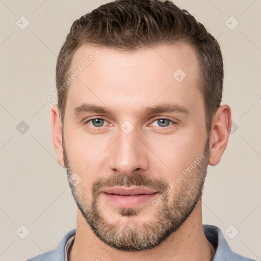 Joyful white young-adult male with short  brown hair and brown eyes