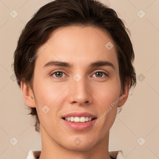 Joyful white young-adult female with short  brown hair and brown eyes