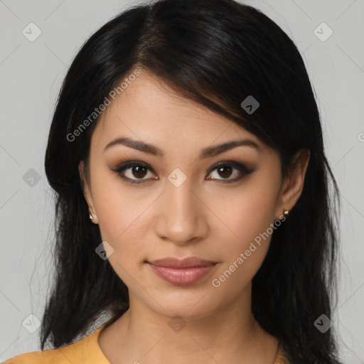 Joyful latino young-adult female with medium  brown hair and brown eyes