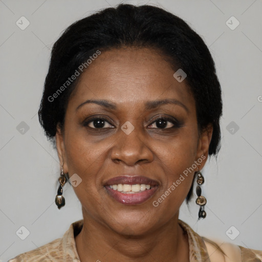 Joyful black adult female with medium  brown hair and brown eyes