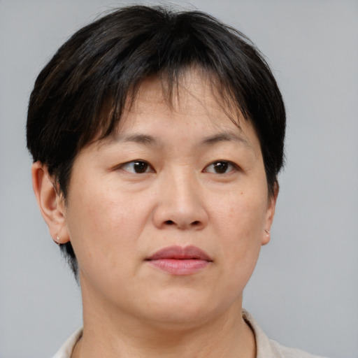 Neutral white adult female with short  brown hair and brown eyes
