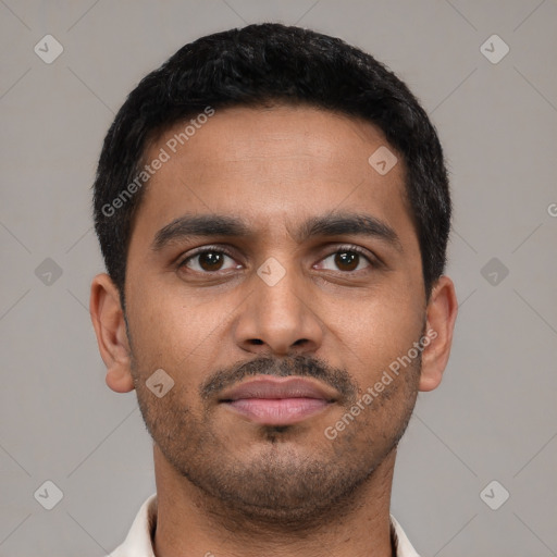 Neutral latino young-adult male with short  brown hair and brown eyes