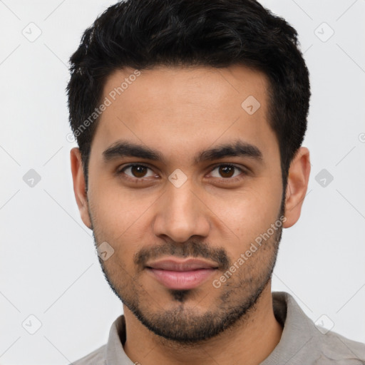 Neutral latino young-adult male with short  black hair and brown eyes