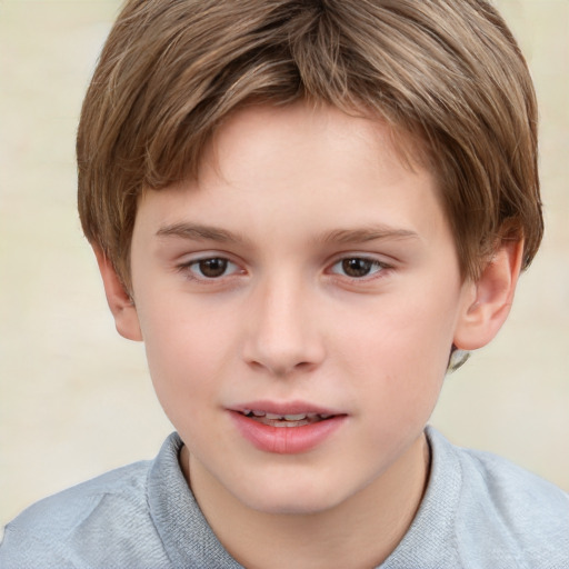 Joyful white child female with short  brown hair and brown eyes