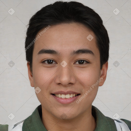 Joyful white young-adult male with short  black hair and brown eyes