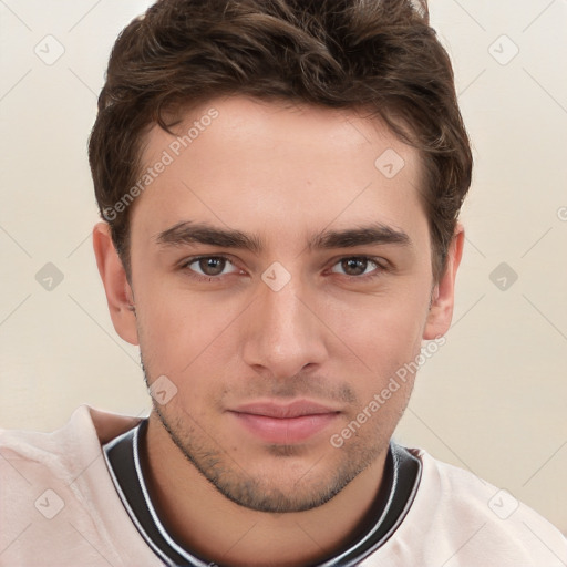 Neutral white young-adult male with short  brown hair and brown eyes