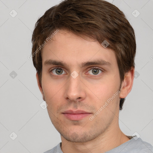 Neutral white young-adult male with short  brown hair and grey eyes