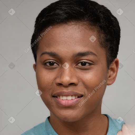 Joyful black young-adult female with short  brown hair and brown eyes