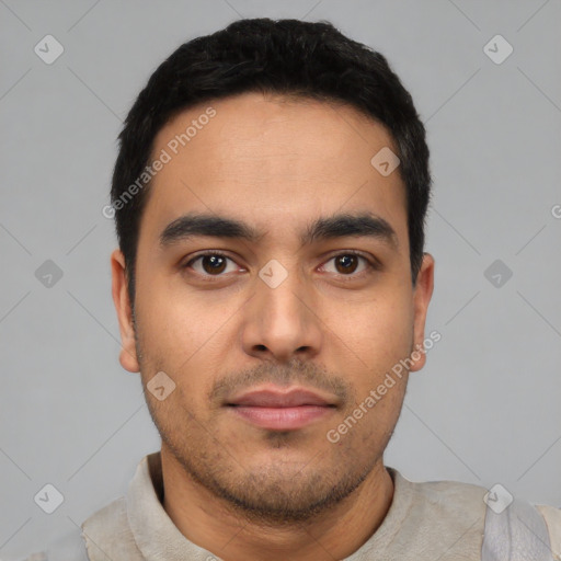 Neutral latino young-adult male with short  black hair and brown eyes