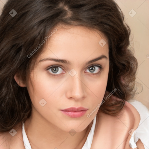 Neutral white young-adult female with medium  brown hair and brown eyes