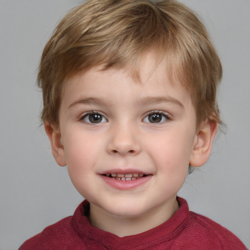 Joyful white child male with medium  brown hair and brown eyes