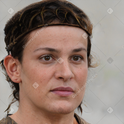 Neutral white adult female with medium  brown hair and brown eyes