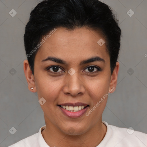 Joyful latino young-adult female with short  brown hair and brown eyes