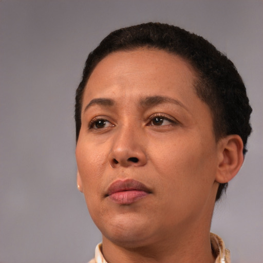 Neutral black young-adult female with short  brown hair and brown eyes