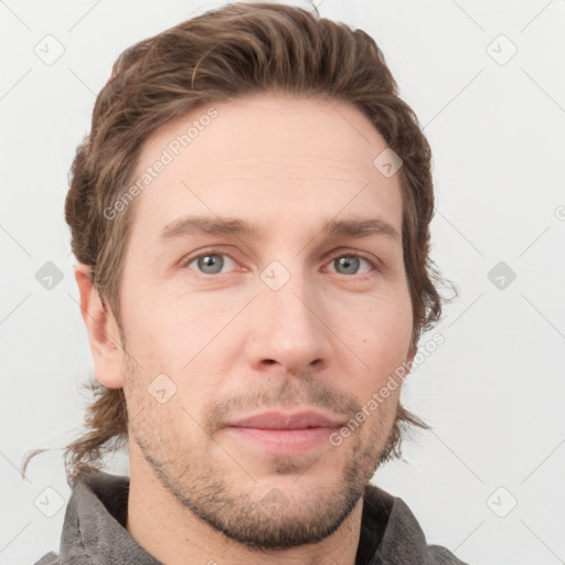 Neutral white young-adult male with short  brown hair and grey eyes