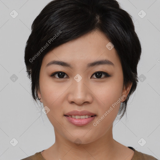 Joyful asian young-adult female with medium  black hair and brown eyes