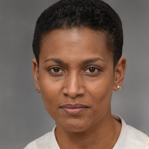 Neutral latino young-adult female with short  brown hair and brown eyes