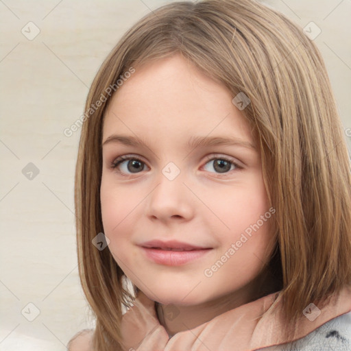 Neutral white child female with medium  brown hair and grey eyes