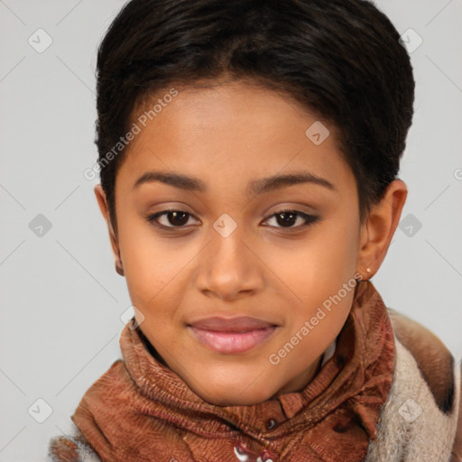 Joyful latino young-adult female with short  brown hair and brown eyes