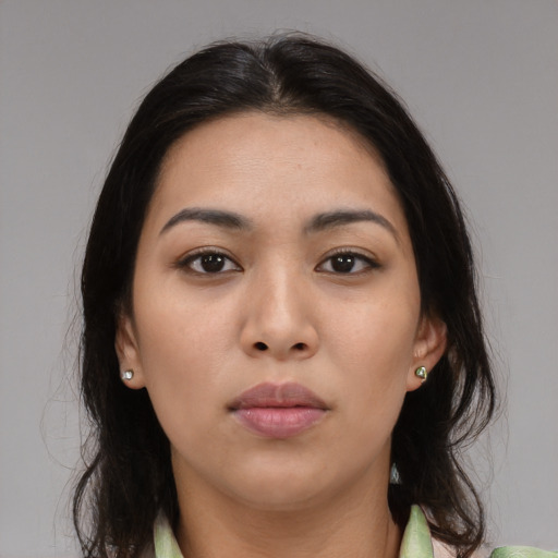 Neutral asian young-adult female with medium  brown hair and brown eyes