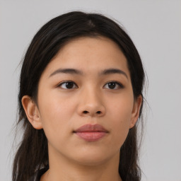 Neutral asian young-adult female with long  brown hair and brown eyes