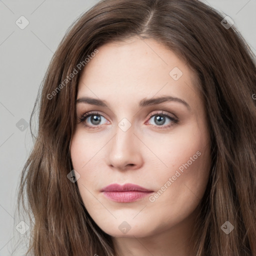 Neutral white young-adult female with long  brown hair and grey eyes