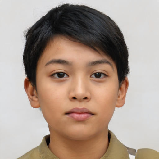 Neutral asian young-adult female with short  brown hair and brown eyes