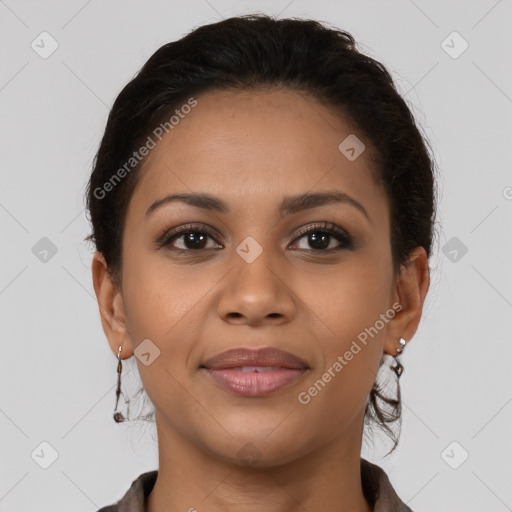 Joyful latino young-adult female with long  brown hair and brown eyes