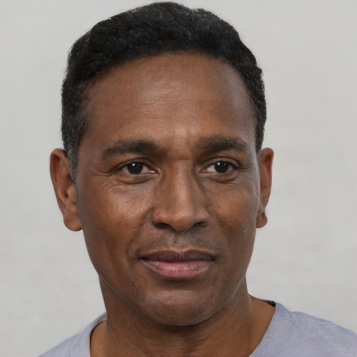 Neutral black adult male with short  black hair and brown eyes
