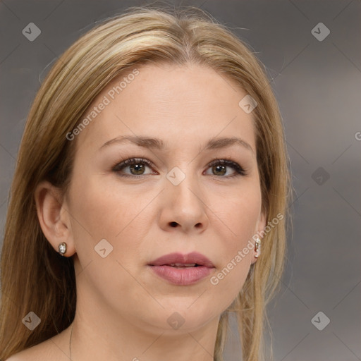 Joyful white young-adult female with medium  brown hair and brown eyes