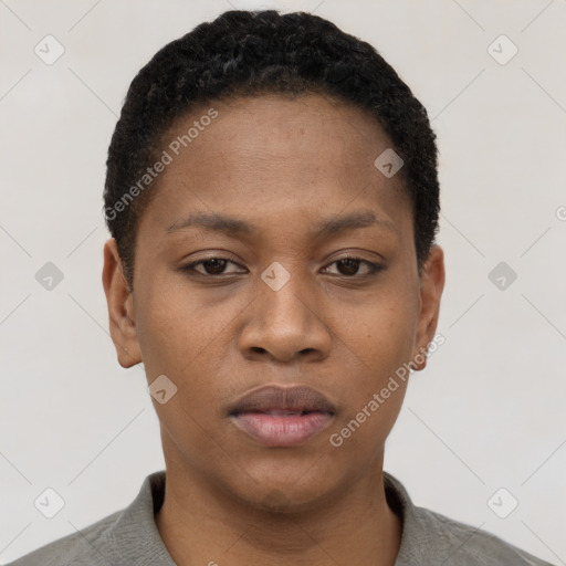 Neutral black young-adult female with short  black hair and brown eyes