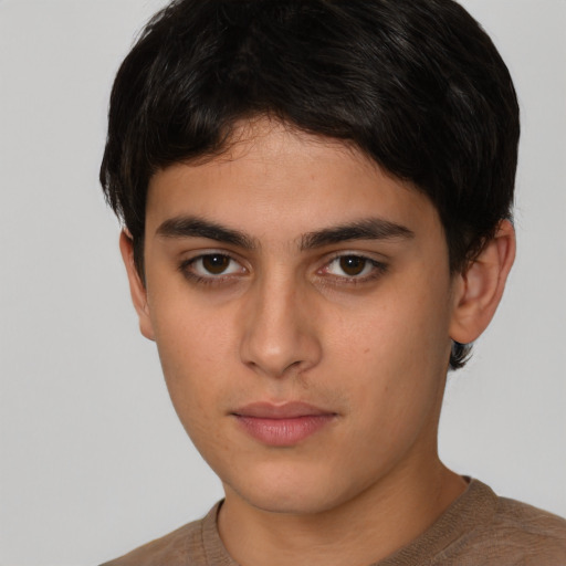 Neutral latino young-adult male with short  brown hair and brown eyes