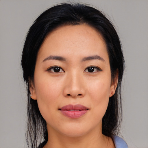 Neutral asian young-adult female with medium  black hair and brown eyes
