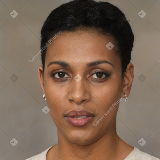 Joyful black young-adult female with short  black hair and brown eyes