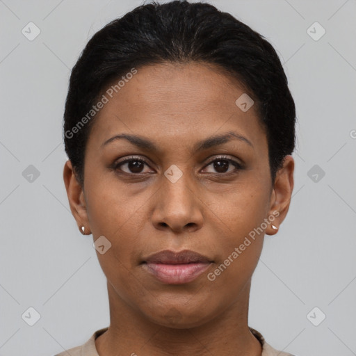Joyful black adult female with short  black hair and brown eyes