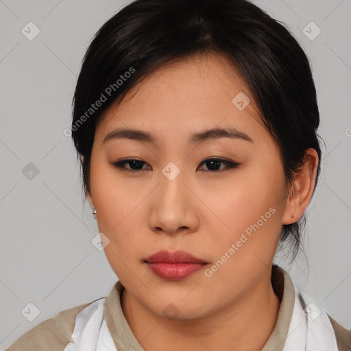 Neutral asian young-adult female with medium  brown hair and brown eyes