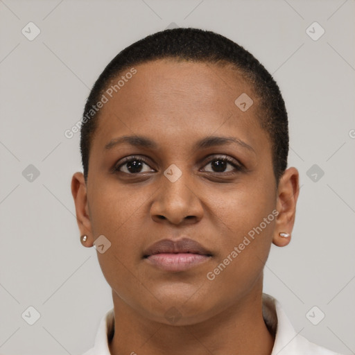 Neutral black young-adult female with short  brown hair and brown eyes