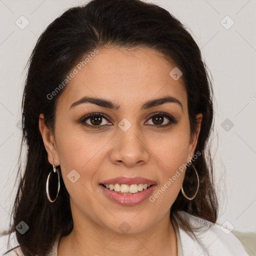 Joyful white young-adult female with long  brown hair and brown eyes