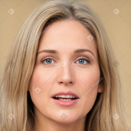 Joyful white young-adult female with long  brown hair and brown eyes