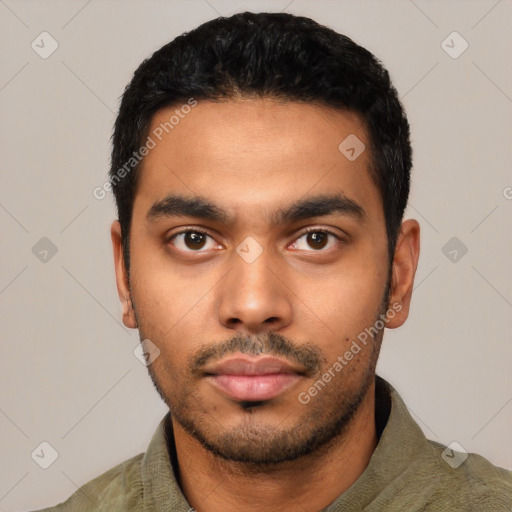 Neutral latino young-adult male with short  black hair and brown eyes