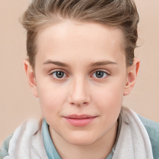 Joyful white young-adult female with short  brown hair and blue eyes