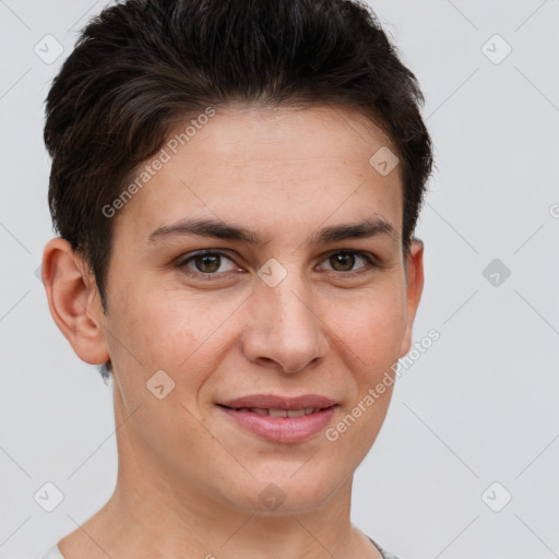 Joyful white young-adult female with short  brown hair and brown eyes